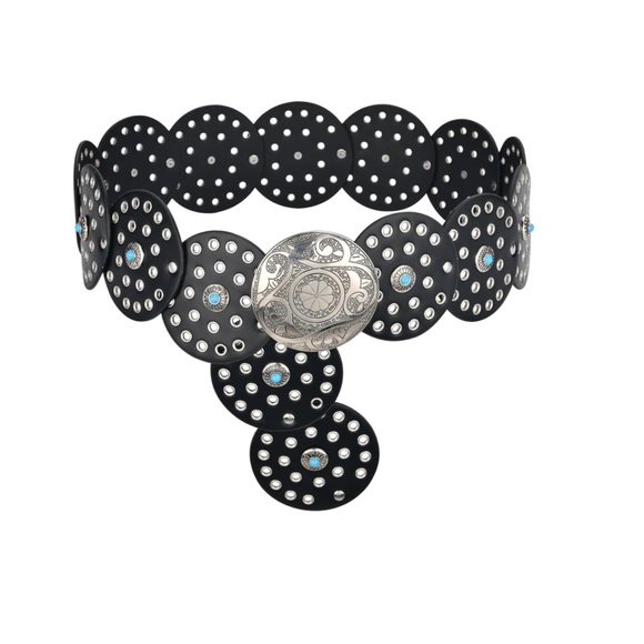 Western Leather Belt Boho Black and Silver Polka Dot Belt fits ways many sizes - Picture 1 of 8